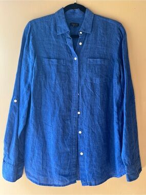 Talbots Long-Sleeve Royal Blue Linen Roll-Tab Button-Down